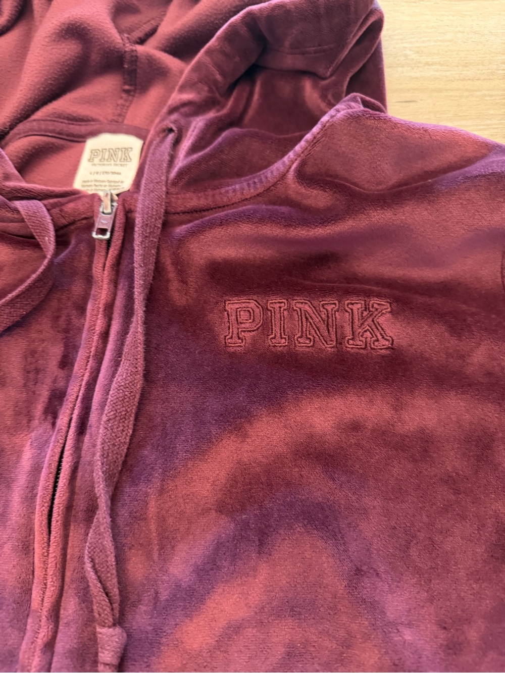 PINK Victoria’s Secret Burgundy Velour Full Zip Hoodie | Size L - Picture 3 of 5